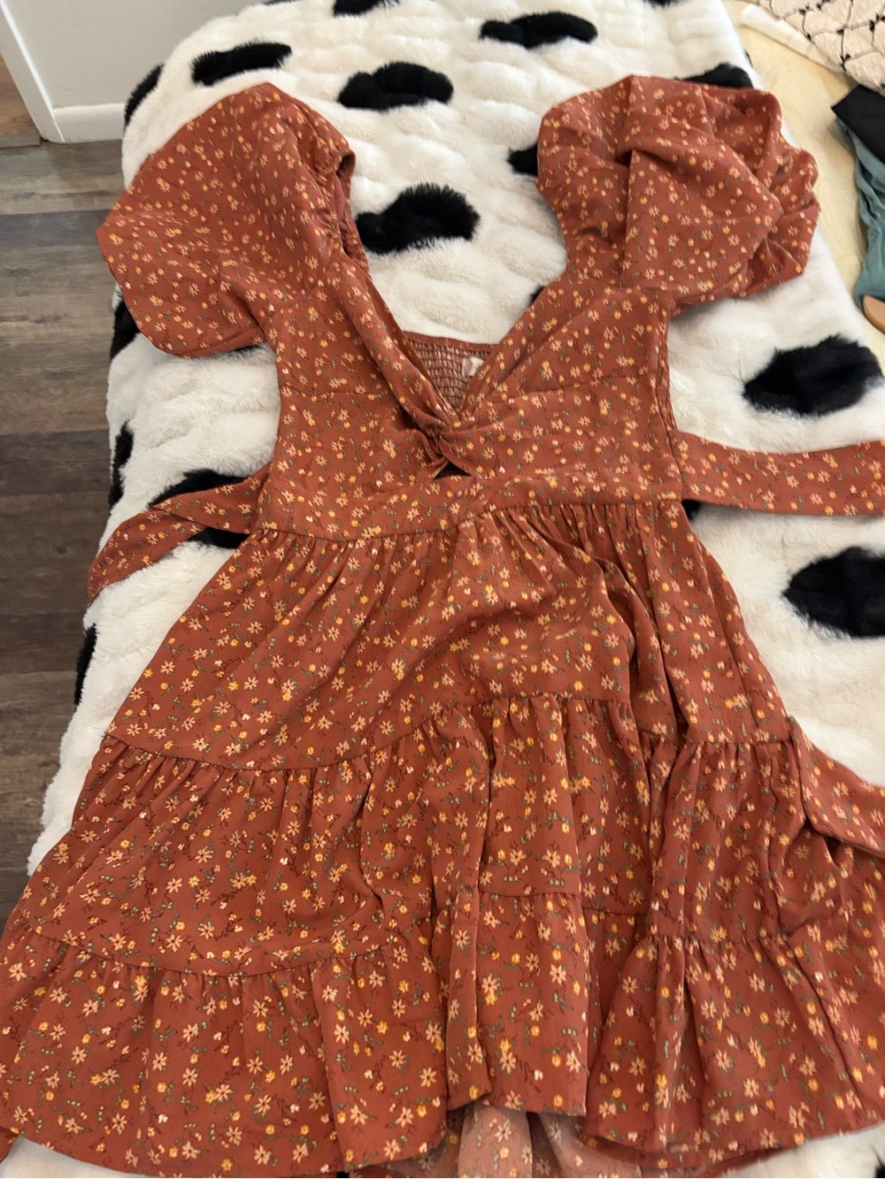 Altar'd State Rust Floral Mini Dress with Puff Sleeves